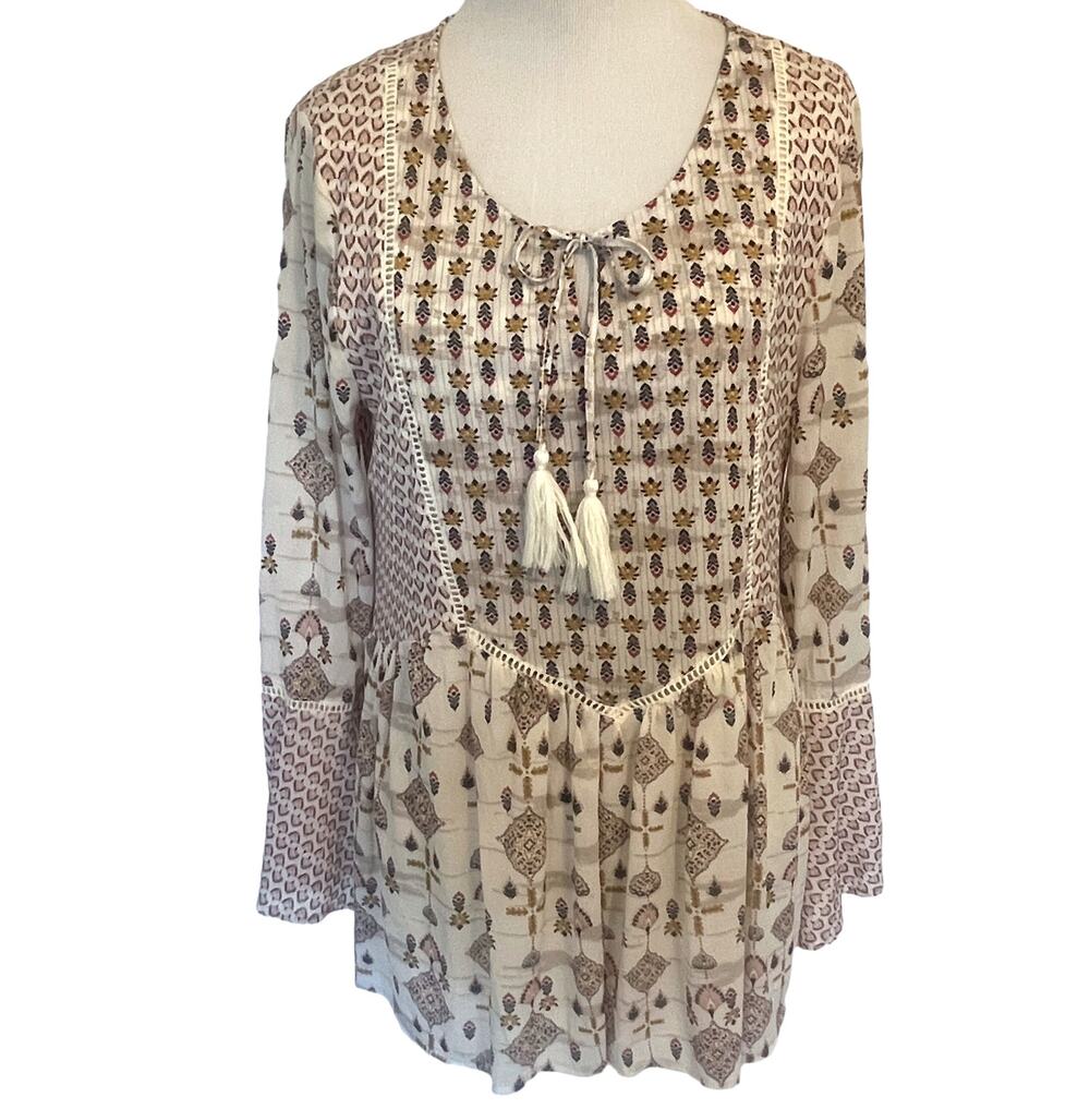 Style & Co Tasseled Peasant Top Womens Medium Ivory Mixed Print Boho Bell Sleeve